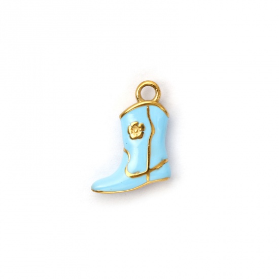 Immagine di 1 Piece Eco-friendly PVD Vacuum Plating 304 Stainless Steel West Cowboy Charms 18K Real Gold Plated Blue Enamel Boots 3D 16mm x 12mm