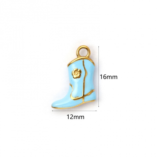 Immagine di 1 Piece Eco-friendly PVD Vacuum Plating 304 Stainless Steel West Cowboy Charms 18K Real Gold Plated Blue Enamel Boots 3D 16mm x 12mm