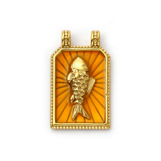 Picture of 1 Piece Eco-friendly PVD Vacuum Plating 304 Stainless Steel Ocean Jewelry Pendants 18K Real Gold Plated Yellow Enamel Hexagon Fish 3.1cm x 1.9cm