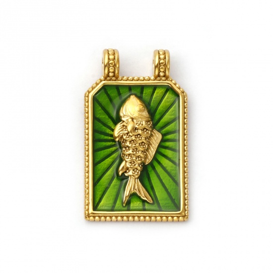 Picture of 1 Piece Eco-friendly PVD Vacuum Plating 304 Stainless Steel Ocean Jewelry Pendants 18K Real Gold Plated Green Enamel Hexagon Fish 3.1cm x 1.9cm