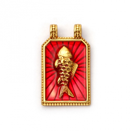 Picture of 1 Piece Eco-friendly PVD Vacuum Plating 304 Stainless Steel Ocean Jewelry Pendants 18K Real Gold Plated Red Enamel Hexagon Fish 3.1cm x 1.9cm