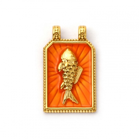 Picture of 1 Piece Eco-friendly PVD Vacuum Plating Waterproof Anti-Tarnish Hypoallergenic 304 Stainless Steel Ocean Jewelry Pendants 18K Real Gold Plated Orange Enamel Hexagon Fish 3.1cm x 1.9cm