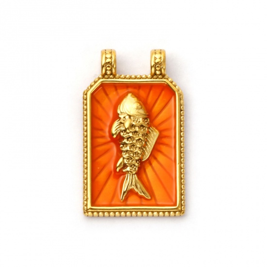 Picture of 1 Piece Eco-friendly PVD Vacuum Plating 304 Stainless Steel Ocean Jewelry Pendants 18K Real Gold Plated Orange Enamel Hexagon Fish 3.1cm x 1.9cm