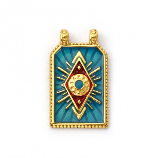 Picture of 1 Piece Eco-friendly PVD Vacuum Plating 304 Stainless Steel Religious Pendants 18K Real Gold Plated Blue Enamel Hexagon Eye of Providence/ All-seeing Eye 3.1cm x 1.8cm