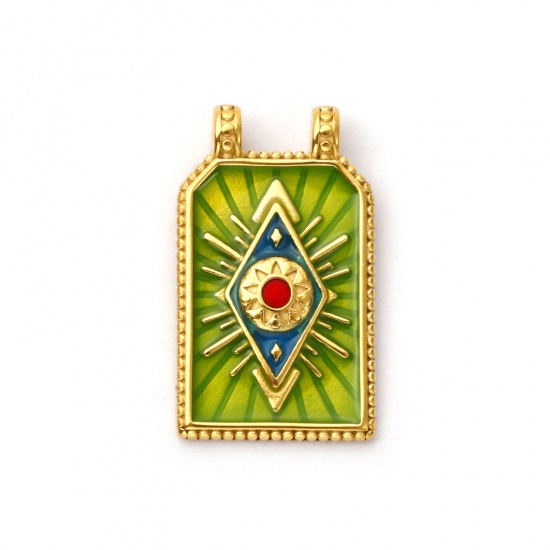Picture of 1 Piece Eco-friendly PVD Vacuum Plating 304 Stainless Steel Religious Pendants 18K Real Gold Plated Green Enamel Hexagon Eye of Providence/ All-seeing Eye 3.1cm x 1.8cm