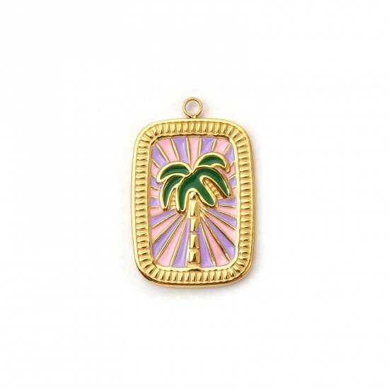Picture of 1 Piece Eco-friendly PVD Vacuum Plating 304 Stainless Steel Charms 18K Real Gold Plated Multicolor Enamel Rectangle Coconut Palm Tree 27.5mm x 18mm