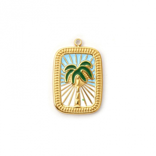 Picture of 1 Piece Eco-friendly PVD Vacuum Plating 304 Stainless Steel Charms 18K Real Gold Plated Multicolor Enamel Rectangle Coconut Palm Tree 27.5mm x 18mm