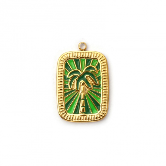 Picture of 1 Piece Eco-friendly PVD Vacuum Plating 304 Stainless Steel Charms 18K Real Gold Plated Multicolor Enamel Rectangle Coconut Palm Tree 27.5mm x 18mm