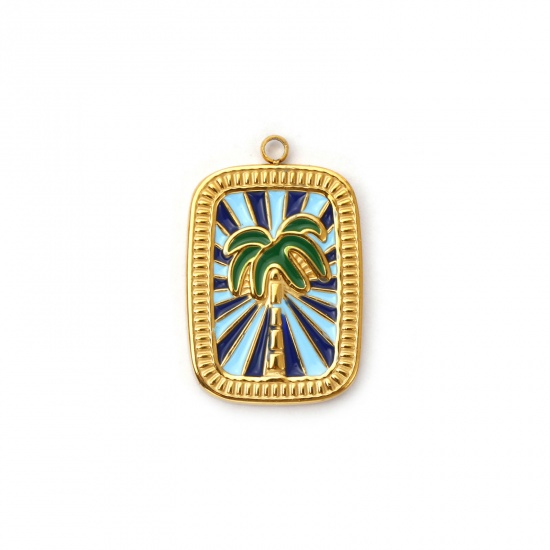 Picture of 1 Piece Eco-friendly PVD Vacuum Plating 304 Stainless Steel Charms 18K Real Gold Plated Multicolor Enamel Rectangle Coconut Palm Tree 27.5mm x 18mm