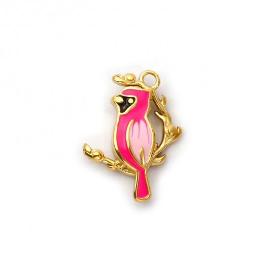 Picture of 1 Piece Eco-friendly PVD Vacuum Plating 304 Stainless Steel Charms 18K Real Gold Plated Fuchsia Enamel Parrot Animal 28mm x 21mm