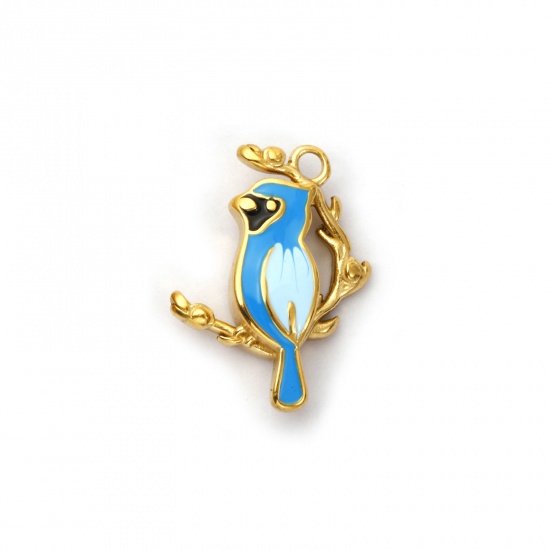 Picture of 1 Piece Eco-friendly PVD Vacuum Plating 304 Stainless Steel Charms 18K Real Gold Plated Skyblue Enamel Parrot Animal 28mm x 21mm