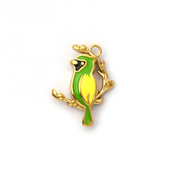Picture of 1 Piece Eco-friendly PVD Vacuum Plating 304 Stainless Steel Charms 18K Real Gold Plated Green Enamel Parrot Animal 28mm x 21mm