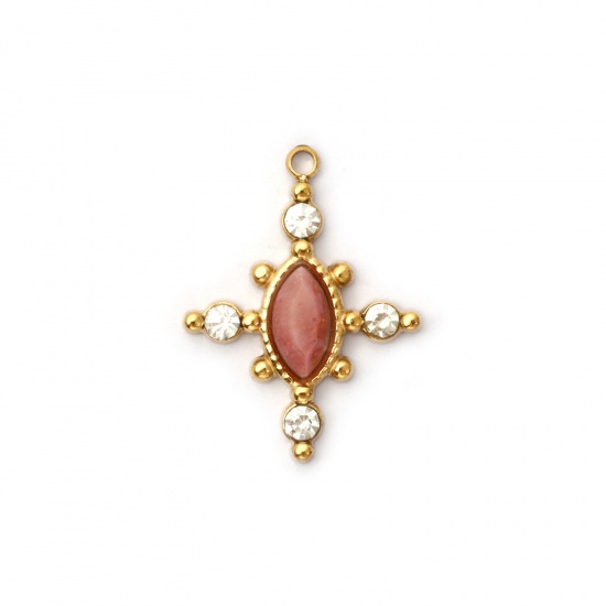 Immagine di 1 Piece Eco-friendly PVD Vacuum Plating 304 Stainless Steel & Gemstone Charms 18K Real Gold Plated Dark Pink Cross Clear Rhinestone 22mm x 17mm