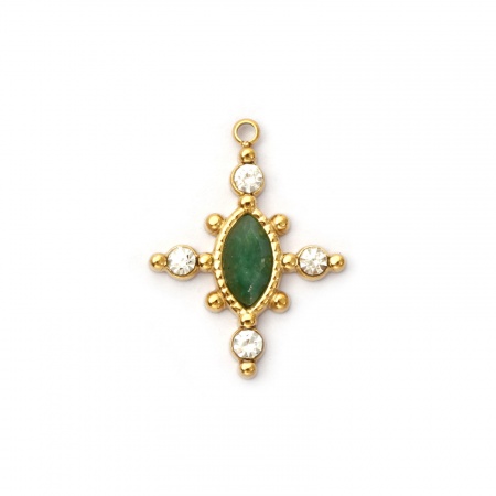 Picture of 1 Piece Eco-friendly PVD Vacuum Plating Waterproof Anti-Tarnish Hypoallergenic 304 Stainless Steel & Gemstone Charms 18K Real Gold Plated Green Cross Clear Rhinestone 22mm x 17mm