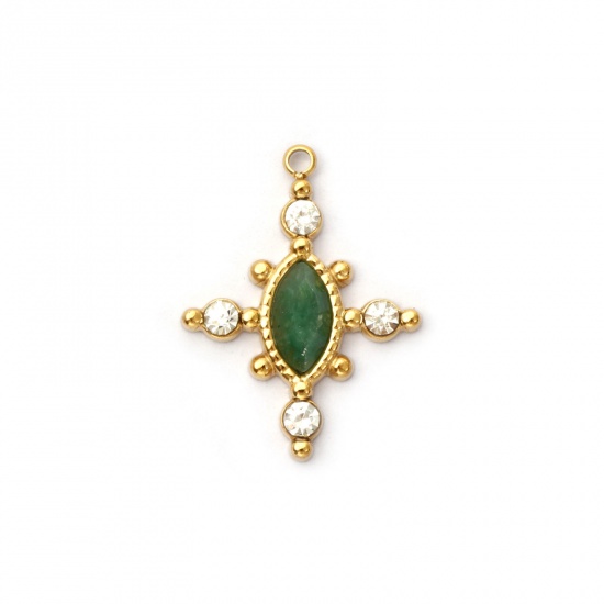 Immagine di 1 Piece Eco-friendly PVD Vacuum Plating 304 Stainless Steel & Gemstone Charms 18K Real Gold Plated Green Cross Clear Rhinestone 22mm x 17mm