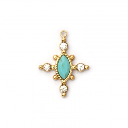 Picture of 1 Piece Eco-friendly PVD Vacuum Plating Waterproof Anti-Tarnish Hypoallergenic 304 Stainless Steel & Gemstone Charms 18K Real Gold Plated Green Blue Cross Clear Rhinestone 22mm x 17mm