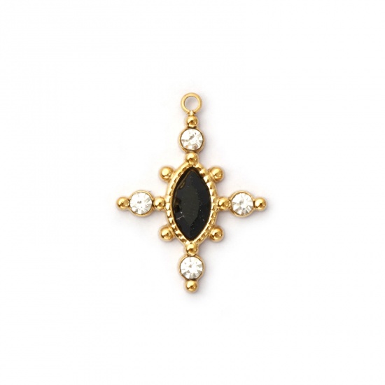 Immagine di 1 Piece Eco-friendly PVD Vacuum Plating 304 Stainless Steel & Gemstone Charms 18K Real Gold Plated Black Cross Clear Rhinestone 22mm x 17mm