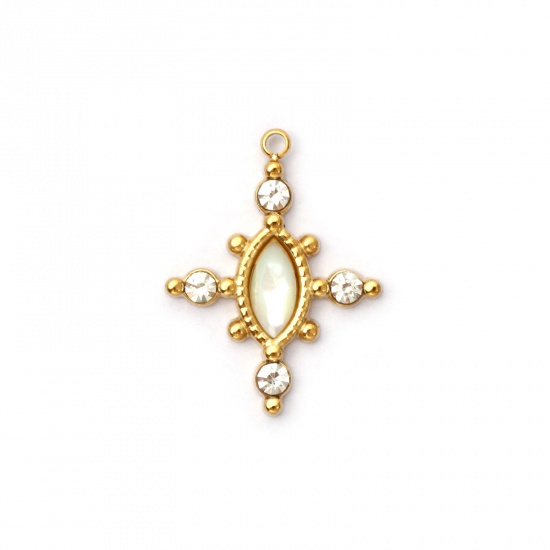 Immagine di 1 Piece Eco-friendly PVD Vacuum Plating 304 Stainless Steel & Natural Shell Charms 18K Real Gold Plated White Cross Clear Rhinestone 22mm x 17mm