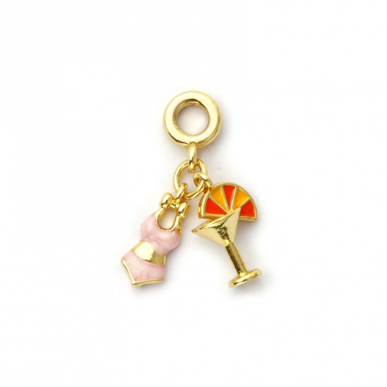 Immagine di 1 Pz Ecologico Ottone Abiti Perle Di Fascino Pendenti 18K Vero Oro Placcato Rosa Chiaro Smalto Bicchiere da vino 26mm
