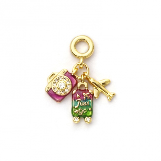 Immagine di 1 Pz Ecologico Ottone Viaggio Perle Di Fascino Pendenti 18K Vero Oro Placcato Verde Smalto Camera Micro Spianare Trasparente Cubic Zirconiae 26mm