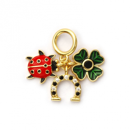 Immagine di 1 Pz Ecologico Ottone Viaggio Perle Di Fascino Pendenti 18K Vero Oro Placcato Rosso Smalto Coccinella Micro Spianare Trasparente Cubic Zirconiae 3cm