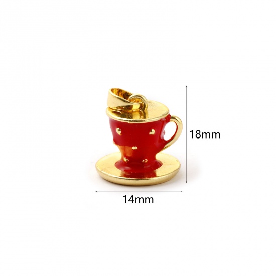 Picture of 1 Piece Charm Pendant 18K Real Gold Plated Red Enamel Cup 3D 18mm x 14mm