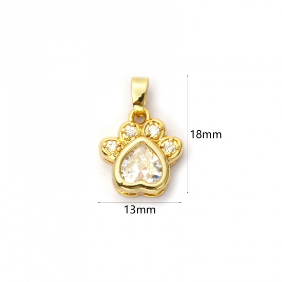 Immagine di 2 Pz Ecologico Ottone Memoriale dell'animale Ciondoli Pendenti 18K Vero Oro Placcato Orma di Zampa Micro Spianare Trasparente Cubic Zirconiae 18mm x 13mm