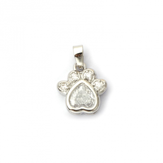 Immagine di 2 Pz Ecologico Ottone Memoriale dell'animale Ciondoli Pendenti Vero Platino Placcato Orma di Zampa Micro Spianare Trasparente Cubic Zirconiae 18mm x 13mm