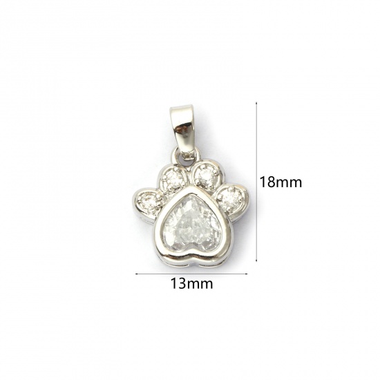 Immagine di 2 Pz Ecologico Ottone Memoriale dell'animale Ciondoli Pendenti Vero Platino Placcato Orma di Zampa Micro Spianare Trasparente Cubic Zirconiae 18mm x 13mm