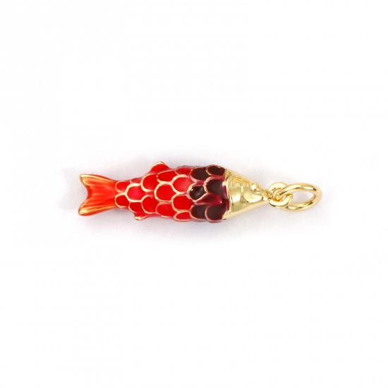 Imagen de 1 Piece Eco-friendly Brass Ocean Jewelry Charms 18K Real Gold Plated Multicolor Enamel Fish Animal 3D 26mm x 6.5mm