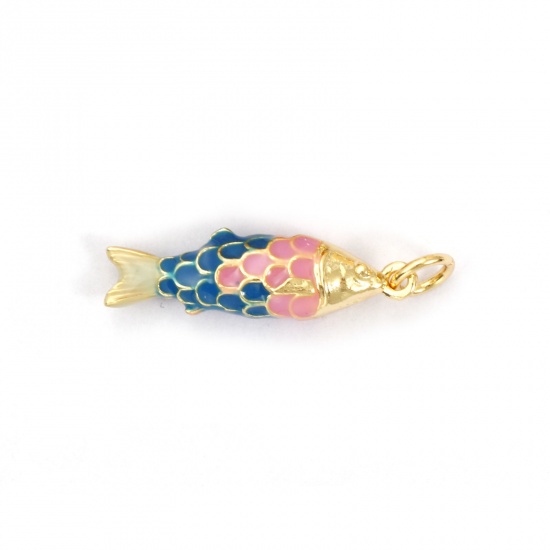 Imagen de 1 Piece Eco-friendly Brass Ocean Jewelry Charms 18K Real Gold Plated Multicolor Enamel Fish Animal 3D 26mm x 6.5mm