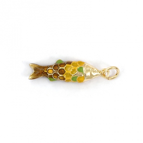 Imagen de 1 Piece Eco-friendly Brass Ocean Jewelry Charms 18K Real Gold Plated Multicolor Enamel Fish Animal 3D 26mm x 6.5mm