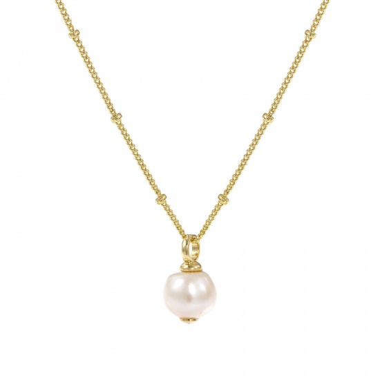 Immagine di 18K Vero Oro Placcato Catena del Barbazzale Tondo Collana con Ciondolo, Perla Naturale & Ottone 45cm + 5cm, Per Donne, Bianco Elegante Regalo, Ecologico, 1 Pz