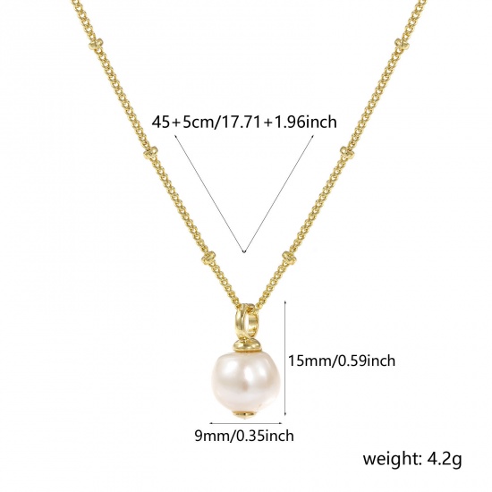 Immagine di 18K Vero Oro Placcato Catena del Barbazzale Tondo Collana con Ciondolo, Perla Naturale & Ottone 45cm + 5cm, Per Donne, Bianco Elegante Regalo, Ecologico, 1 Pz
