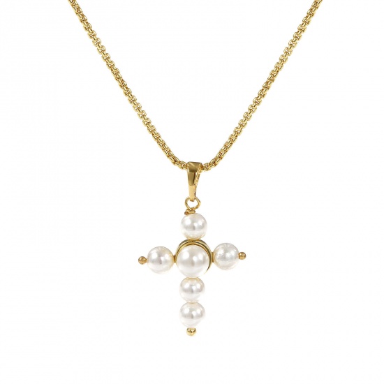 Immagine di 18K Vero Oro Placcato Catena a Cavo Croce Collana con Ciondolo, Ottone 45cm + 5cm, Per Donne, Angelo Bianco Perla Imitato Acrilico, Elegante Religione Regalo, Ecologico, 1 Pz