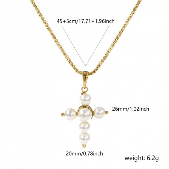 Immagine di 18K Vero Oro Placcato Catena a Cavo Croce Collana con Ciondolo, Ottone 45cm + 5cm, Per Donne, Angelo Bianco Perla Imitato Acrilico, Elegante Religione Regalo, Ecologico, 1 Pz