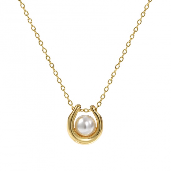Immagine di 18K Vero Oro Placcato Catena a Cavo Forma di U Collana con Ciondolo, Ottone 46cm + 6cm, Per Donne, Bianco Perla Imitato Acrilico, Elegante Regalo, Ecologico, 1 Pz