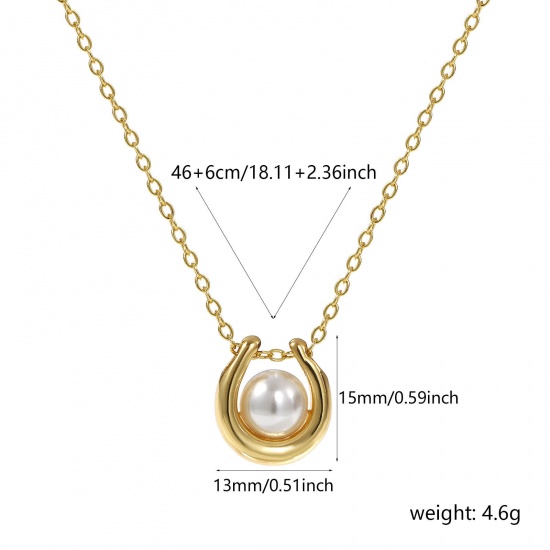 Immagine di 18K Vero Oro Placcato Catena a Cavo Forma di U Collana con Ciondolo, Ottone 46cm + 6cm, Per Donne, Bianco Perla Imitato Acrilico, Elegante Regalo, Ecologico, 1 Pz