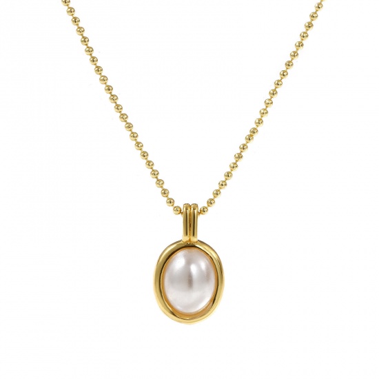 Immagine di 18K Vero Oro Placcato Catena a Pallini Ovale Collana con Ciondolo, Ottone 45cm + 5cm, Per Donne, Bianco Perla Imitato Acrilico, Elegante Regalo, Ecologico, 1 Pz