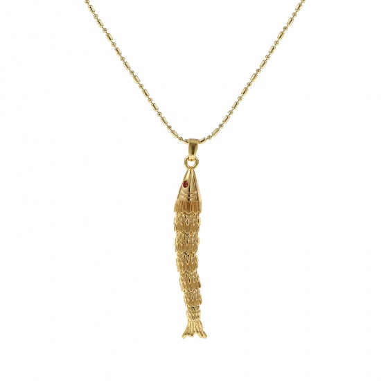 Bild von 18K Echtgold plattiert Kugelkette Kette Fisch Anhänger Halskette, Messing 45cm + 5cm, Für Frauen, Orange Zirkonia 3D Beweglich, Stilvoll Ozean Schmuck Geschenk, Umweltfreundlich, 1 Strang