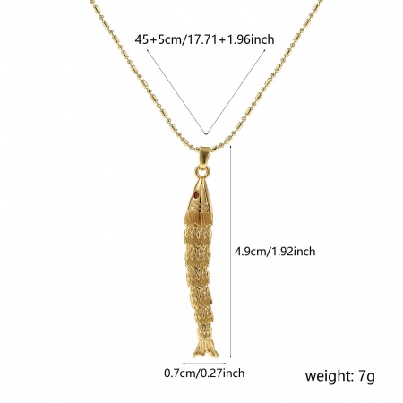 Picture of 18K Real Gold Plated Ball Chain Fish Animal Pendant Charm Necklace, Brass 45cm(17.7") + 5cm(2"), For Women, Orange Cubic Zirconia 3D Movable, Stylish Ocean Jewelry Gift, Eco-friendly, 1 Piece