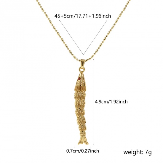 Bild von 18K Echtgold plattiert Kugelkette Kette Fisch Anhänger Halskette, Messing 45cm + 5cm, Für Frauen, Orange Zirkonia 3D Beweglich, Stilvoll Ozean Schmuck Geschenk, Umweltfreundlich, 1 Strang