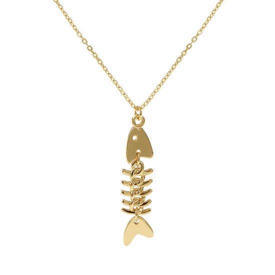 Bild von 18K Echtgold plattiert Kreuz Gliederketten Gräte Anhänger Halskette, Messing 46cm + 6cm, Unisex, Beweglich, Stilvoll Ozean Schmuck Geschenk, Umweltfreundlich, 1 Strang