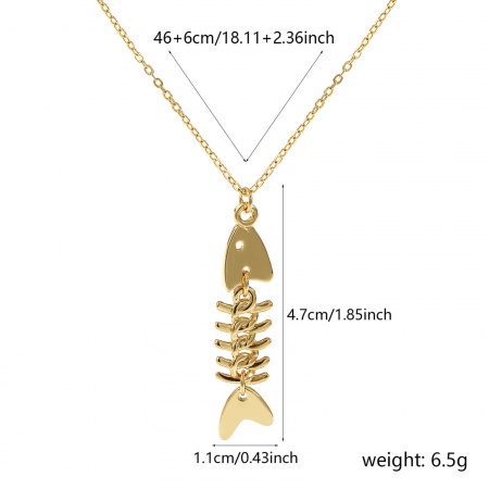 Picture of 18K Real Gold Plated Link Cable Chain Fish Bone Pendant Charm Necklace, Brass 46cm(18.1") + 6cm(2.4"), Unisex, Movable, Stylish Ocean Jewelry Gift, Eco-friendly, 1 Piece