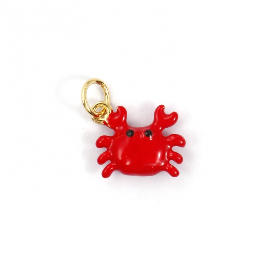 Picture of 1 Piece Eco-friendly Brass Ocean Jewelry Charms 18K Real Gold Plated Red Enamel Crab Animal 3D 13mm x 12mm