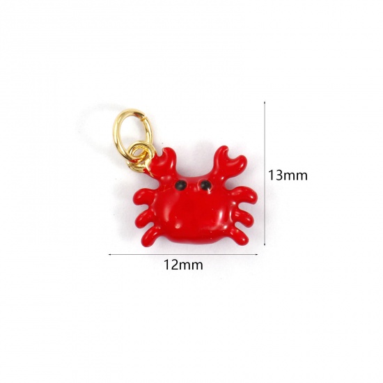 Picture of 1 Piece Eco-friendly Brass Ocean Jewelry Charms 18K Real Gold Plated Red Enamel Crab Animal 3D 13mm x 12mm