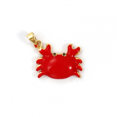 Picture of 2 PCs Brass Ocean Jewelry Charm Pendant 18K Gold Plated Red Enamel Crab Animal 22mm x 19mm