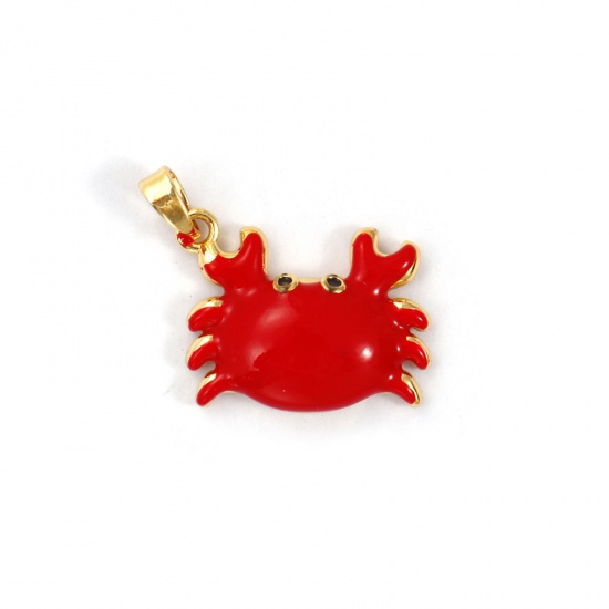 Imagen de 2 PCs Brass Ocean Jewelry Charm Pendant 18K Gold Plated Red Enamel Crab Animal 22mm x 19mm