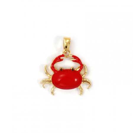 Picture of 2 PCs Brass Ocean Jewelry Charm Pendant 18K Gold Plated Red Enamel Crab Animal 20mm x 19mm