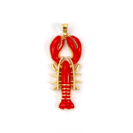 Picture of 2 PCs Brass Ocean Jewelry Pendants 18K Gold Plated Red Enamel Lobster 3.9cm x 1.4cm